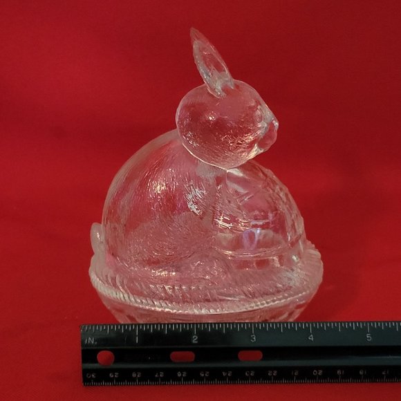 VTG Clear Glass Bunny Rabbit Nut on Nest Covered Trinket Oval Candy Dish Peach T - Picture 10 of 11